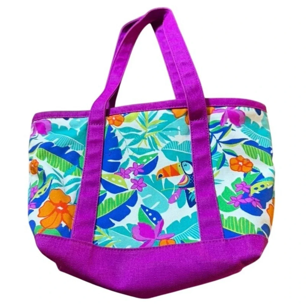 Lands End Kids Tropical Toucan Floral Canvas Zipper Tote Bag Purple 482576
